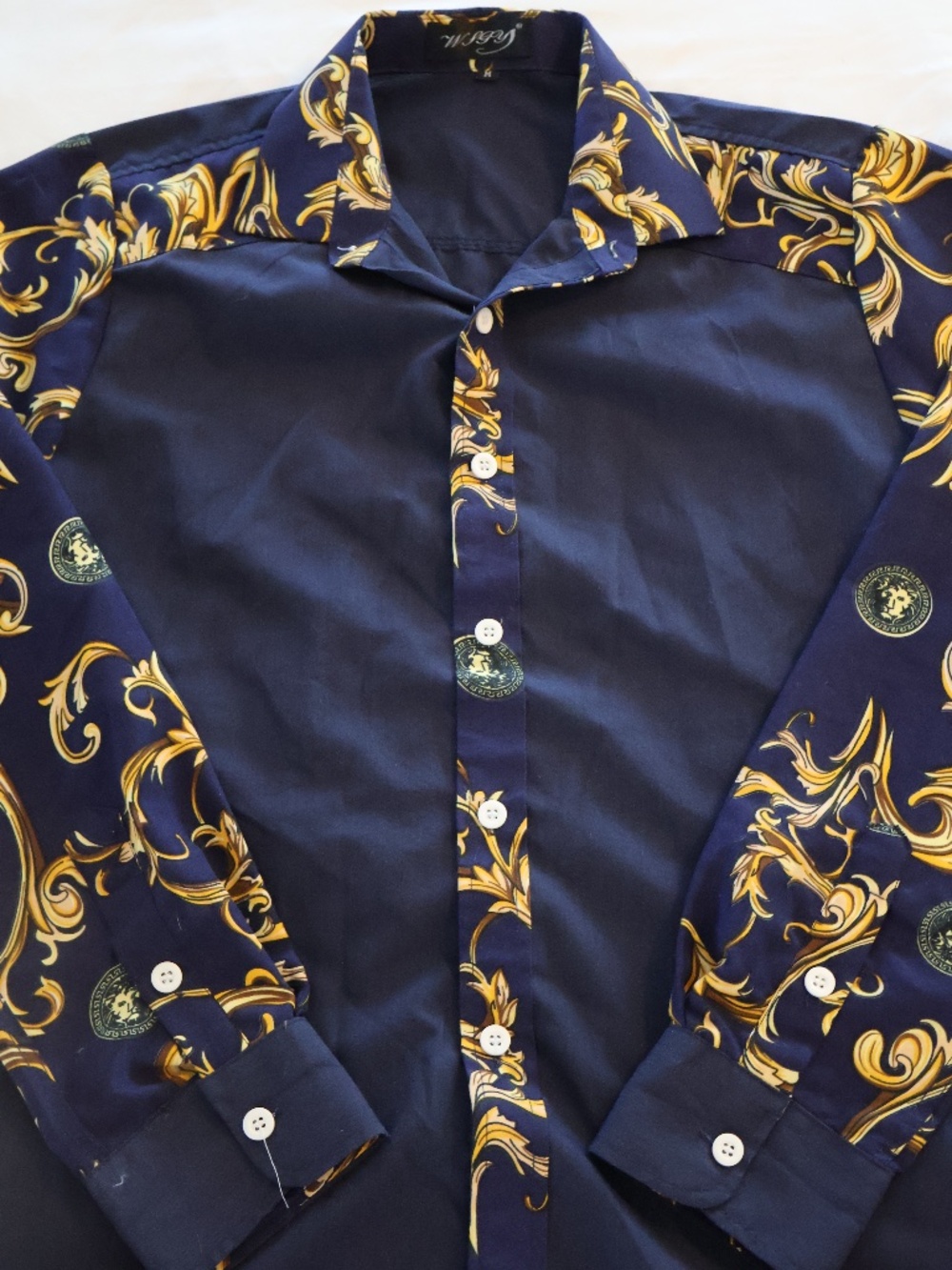 Navy Blue with gold baroque and floral pattern long sleeve button down